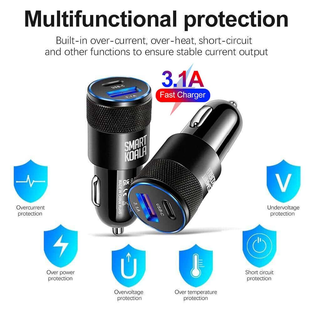 Smart Koala 38W 3.1A 2 Ports PD USB Type C Fast Charging Car Charger Socket Adapter + 1m PD USB Type C to Type C Cable Cord For Samsung, Google, Oppo Smart Koala 38W 3.1A 2 Ports PD USB Type C Fast Charging Car Charger Socket Adapter + 1m PD USB Type C to Type C Cable Cord For Samsung, Google, Oppo